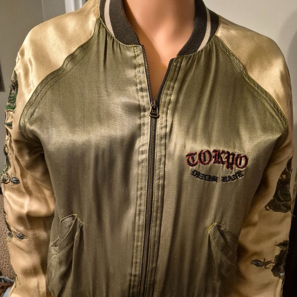 TOKYO DENIM BANK USA-Satin Green/gold Bomber Jacket.  Size: S